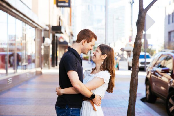 Rachel + David’s Wedding Engagement Session on East 4th Street in Downtown Cleveland, Ohio.