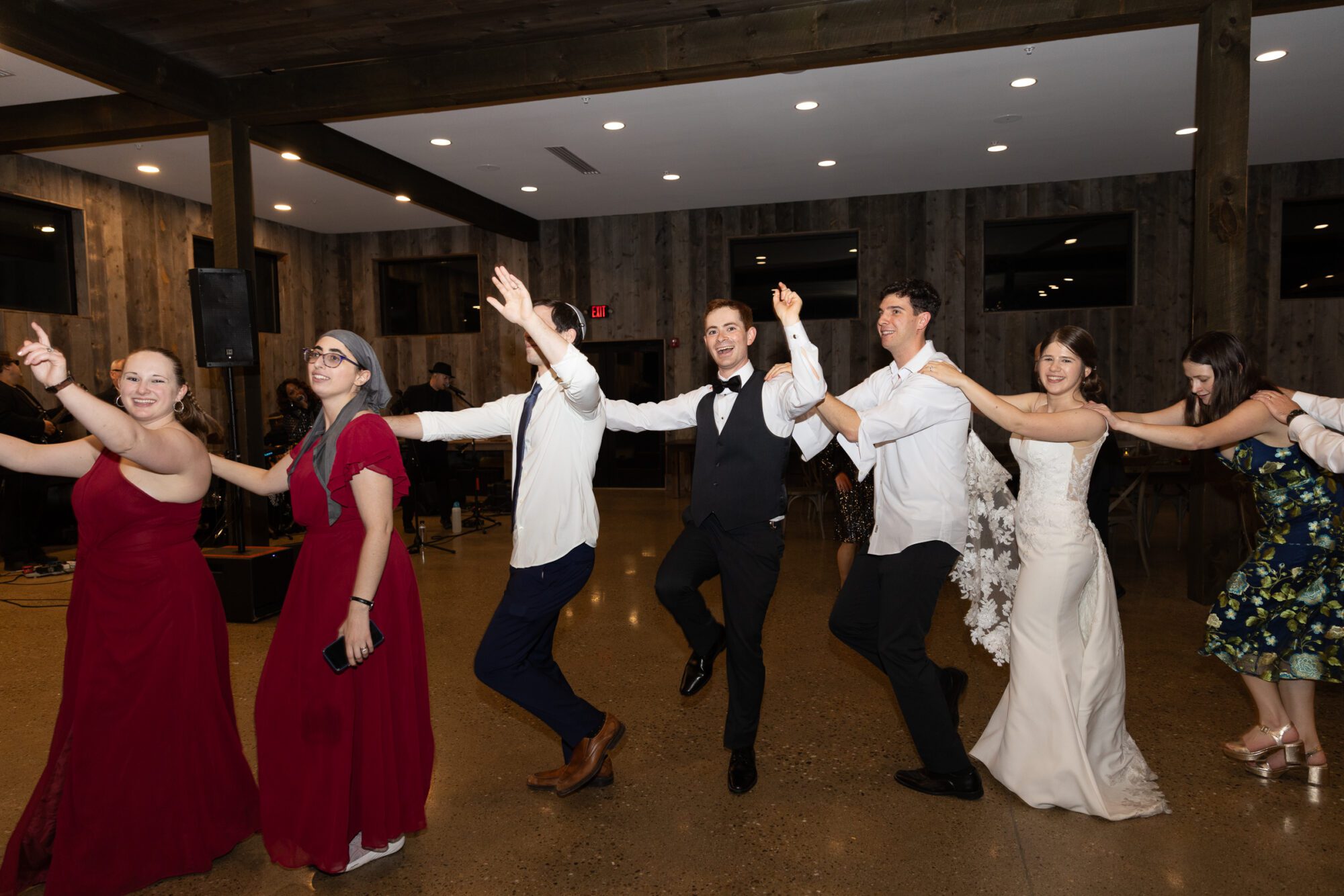 Jewish wedding reception conga line.