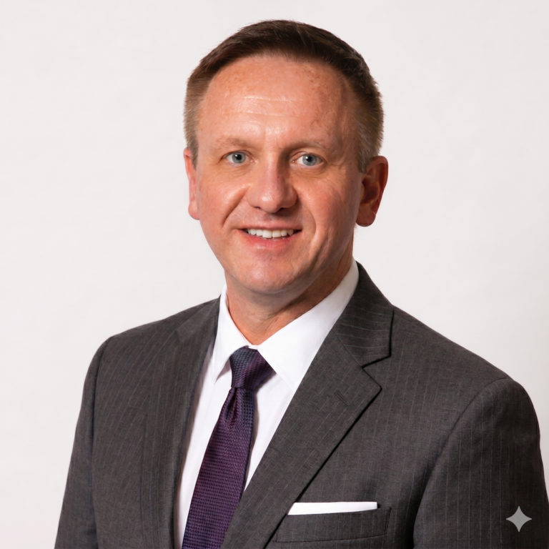 Professional headshot of cinematographer Paul Perhacs wearing a grey pinstripe suit and purple tie against a white background.